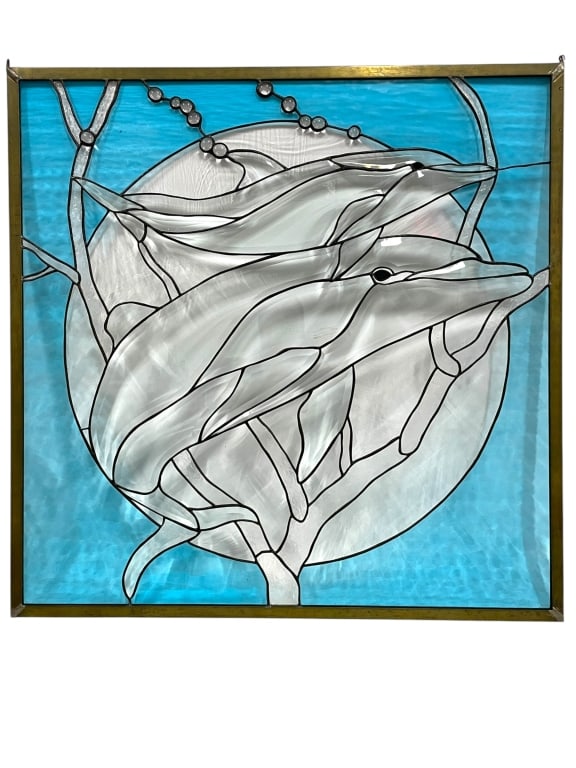 DOLPHIN STAINED GLASS PANEL BY SHARON EARL 32" (1 of 4)