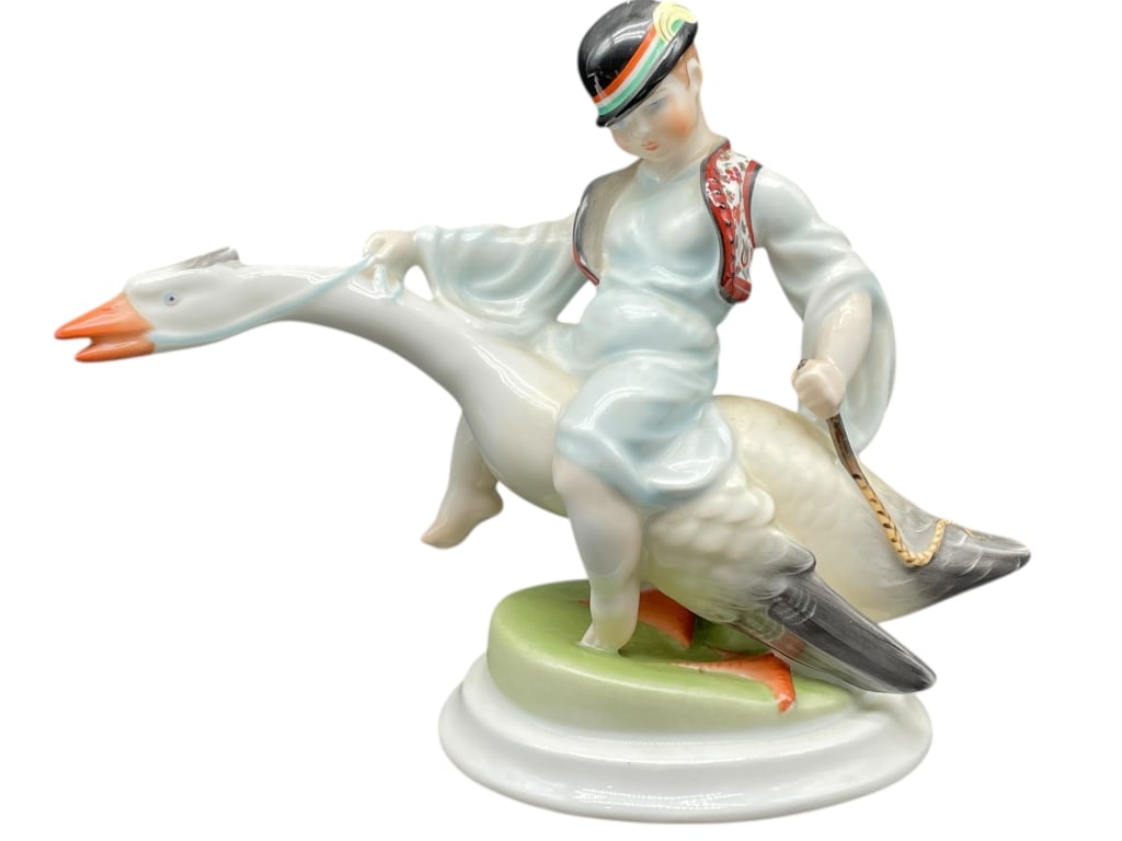 HEREND PORCELAIN “GOOSE RIDER BOY?? FIGURINE 10" (1 of 5)