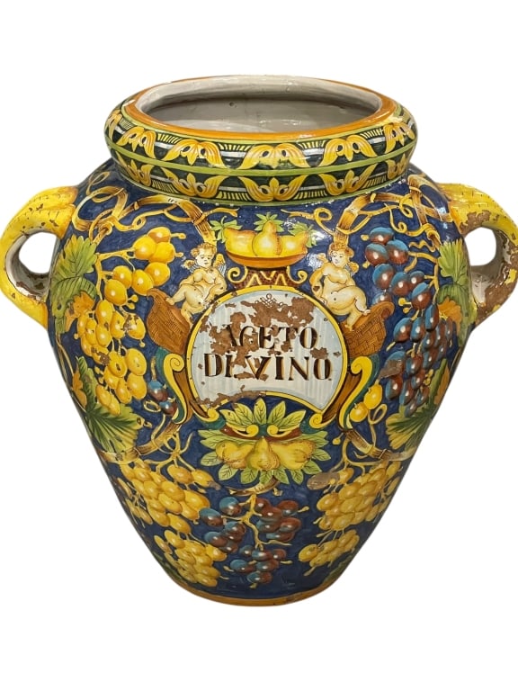 LARGE ITALIAN MAJOLICA DECORATIVE WINE JAR URN 30": *For ALTERNATIVE SHIPPING QUOTES or local pick up details, please visit www.dejavuauctionshipping.com* LARGE ITALIAN MAIOLICA “VINO DIVINO” DECORATIVE WINE JAR URN WITH GRAPE & PUTTI MOTIFS -I