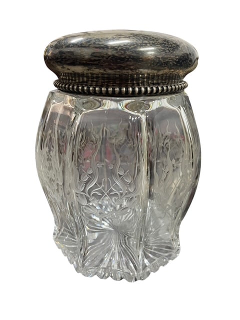 ANTIQUE CUT CRYSTAL STERLING SILVER DRESSER JAR 6" (1 of 12)