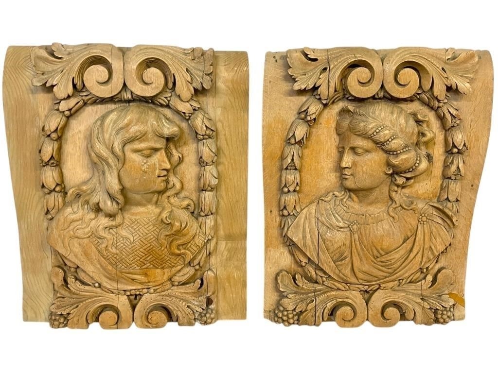 ANTIQUE CARVED WOOD BAROQUE PORTRAIT PANELS 31" (1 of 8)