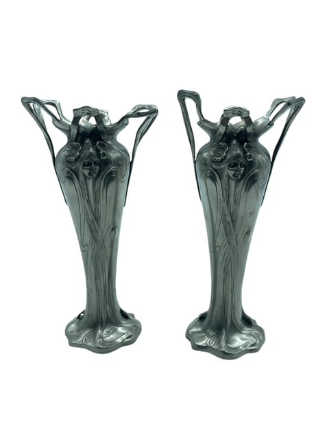 ENGLISH ART NOUVEAU REVIVAL METAL PAIR OF VASES 9" (1 of 14)