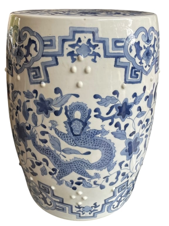CHINESE BLUE & WHITE GARDEN SEAT W DRAGON 18" (1 of 5)