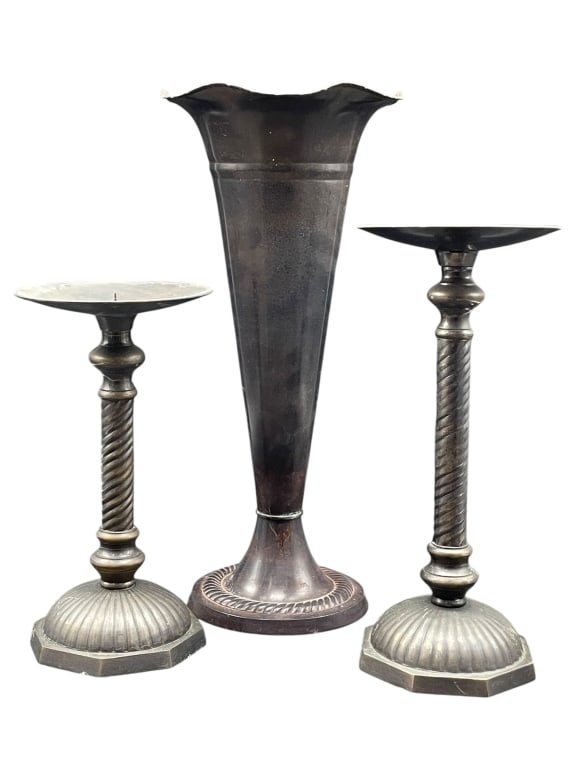 DECO METAL VASE W PAIR MATCHING CANDLESTICKS 16" (1 of 9)