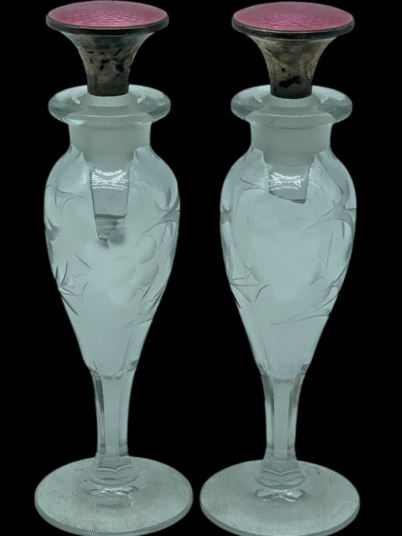 ANTIQUE CUT GLASS PERFUME BOTTLES W ENAMEL TOPS (1 of 9)