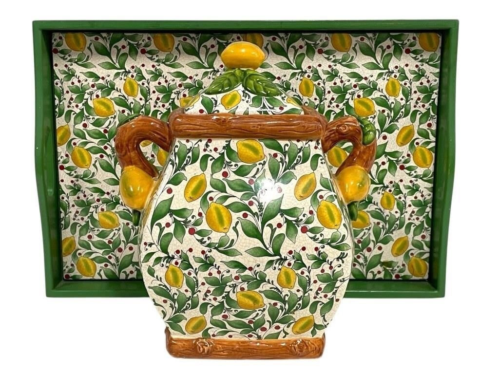 PACIFIC RIM HAND PAINTED LEMON JAR W MATCHING TRAY (1 of 7)