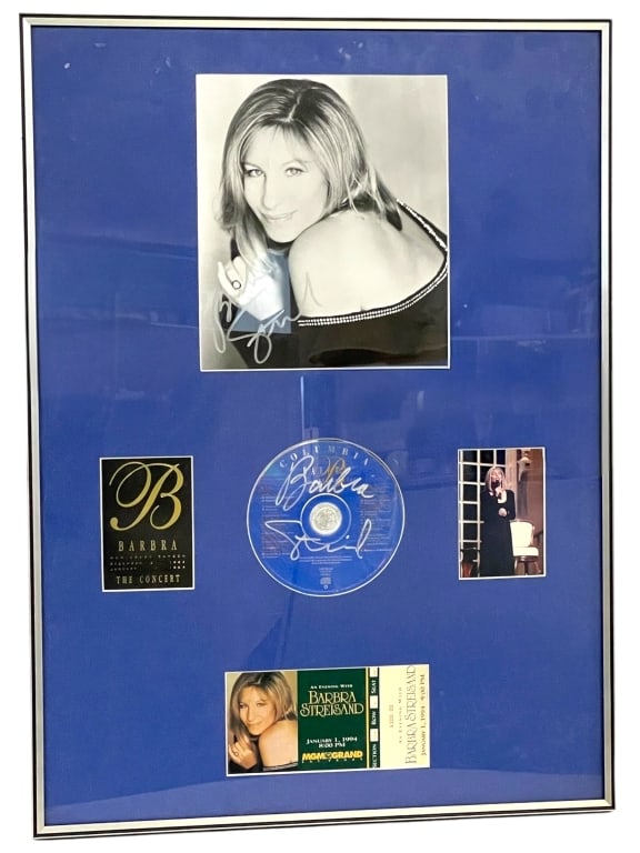STREISAND THE CONCERT SIGNED CD & MGM TICKET 24": *for alternative shipping options please go to www.dejavuauctionshipping.com-SIGNED BARBRA STREISAND “THE CONCERT” CD FRAMED DISPLAY WITH MGM GRAND TICKET 24" X 17" APPROX-Professionally