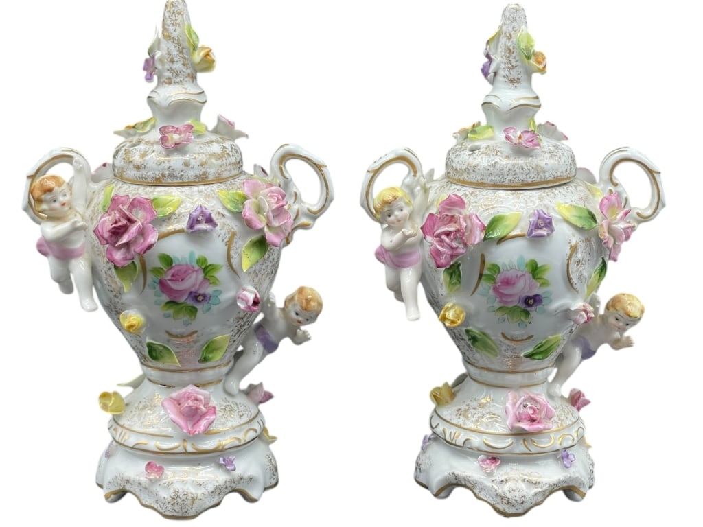PAIR OF GERMAN PORCELAIN FIGURAL LIDDED URNS 8" (1 of 11)