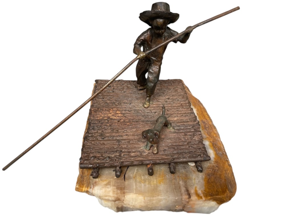 ATTR MARIO JASON BRONZE & ONYX HUCK FINN SCULPTURE: *For ALTERNATIVE SHIPPING QUOTES or local pick up details, please visit www.dejavuauctionshipping.com* ATTR MARIO JASON BRONZE & ONYX “HUCK FINN” FIGURAL SCULPTURE 8" X 8" X 8" APPROX Attribut