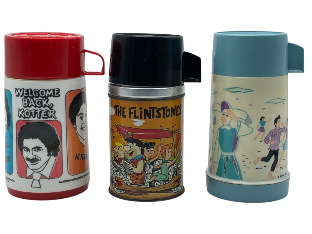 FLINTSTONES, WEL BACK KOTTER & FLYING NUN THERMOS': *for alternative shipping options please go to www.dejavuauctionshipping.com-3 VINTAGE ALADDIN CHARACTER THERMOS BOTTLES – FLINTSTONES, WELCOME BACK KOTTER & FLYING NUN-Group of three vintage