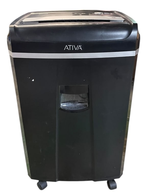 ATIVA PAPER SHREDDER: ATIVA PAPER SHREDDER 25" X 16" X 11" APPROX-Heavy-duty Ativa paper shredder designed for office or home office use, featuring a sleek black housing with integrated viewing window and easy-access top
