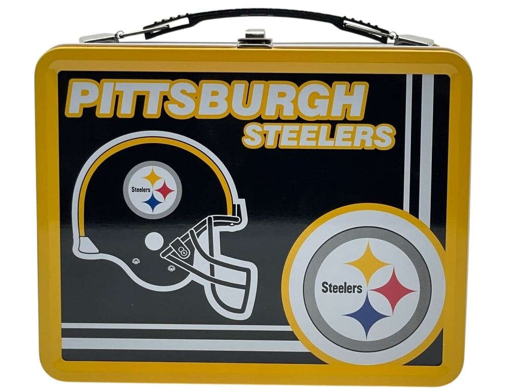 PITTSBURGH STEELERS NFL TIN LUNCH BOX WITH THERMOS: *for alternative shipping options please go to www.dejavuauctionshipping.com-PITTSBURGH STEELERS NFL TIN LUNCH BOX WITH THERMOS IN ORIGINAL BOX-Officially licensed NFL Pittsburgh Steelers tin lunch