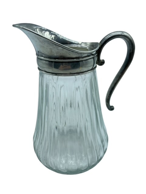 VINTAGE RIBBED GLASS PITCHER SILVER PLATE SPOUT (1 of 10)