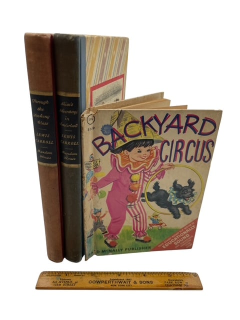 ANTIQUE KIDS BOOKS LEWIS CARROL BACKYARD CIRCUS +: *For ALTERNATIVE SHIPPING QUOTES or local PICKUP details, please visit www.dejavuauctionshipping.com* We have some original printings of three old kids books with a unique little antique ruler include
