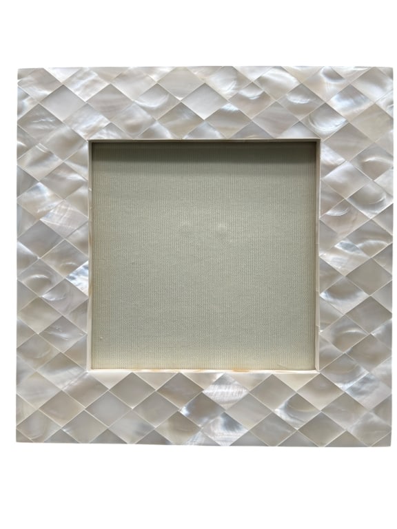 MOTHER OF PEARL INLAID DECORATIVE PICTURE FRAME: For ALTERNATE shipping quote or LOCAL PICK-UP DETAILS, please visit dejavuauctionshipping.com MOTHER OF PEARL INLAID DECORATIVE PICTURE FRAME WITH GEOMETRIC TILE DESIGN AND TABLETOP ORIENTATION. Elega