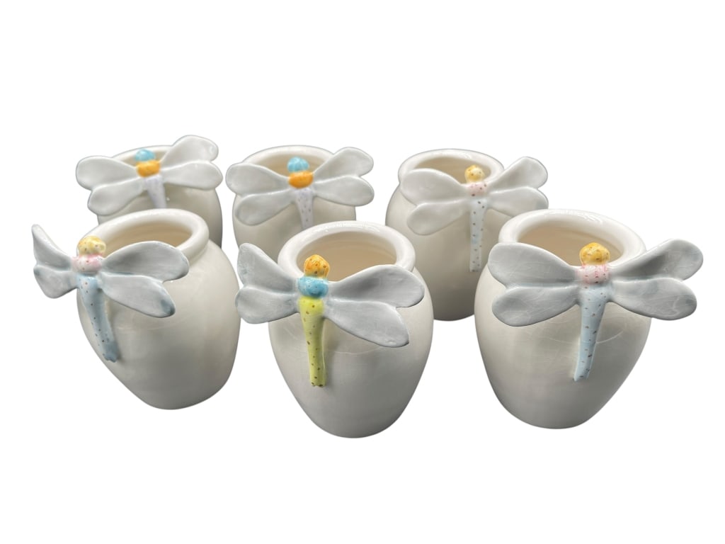 SET OF 6 DRAGONFLY CERAMIC VOTIVE HOLDERS: For ALTERNATE shipping quote or LOCAL PICK-UP DETAILS, please visit dejavuauctionshipping.com SET OF SIX HAND DECORATED CERAMIC VOTIVE HOLDERS FEATURING APPLIED DRAGONFLY MOTIFS WITH DECORATIVE METAL