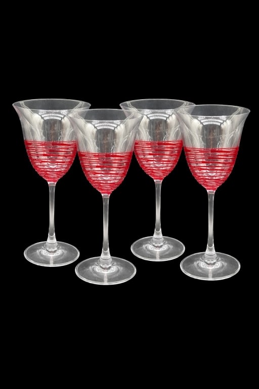SET OF 4 ART GLASS WINE GOBLETS WITH RED SWIRL (1 of 6)