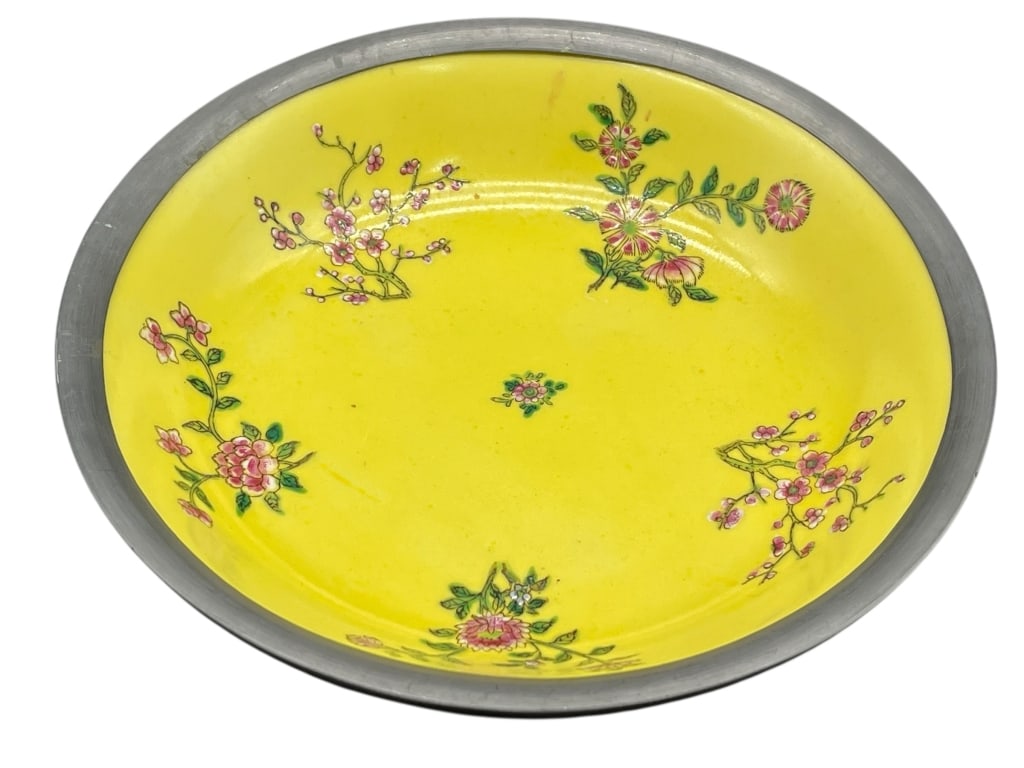 YELLOW FLORAL PORCELAIN BOWL WITH PEWTER RIM (1 of 5)