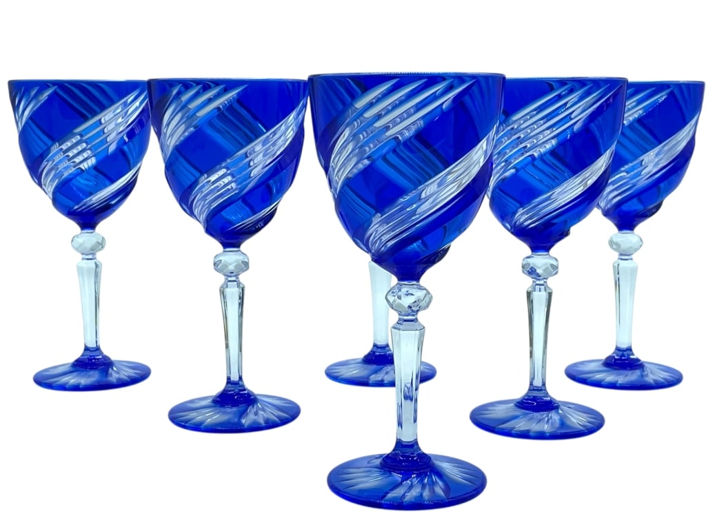 6 JG DURAND COBALT CUT TO CLEAR WINE GLASSES (1 of 8)