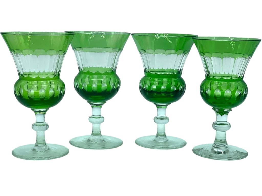 4 EMERALD GREEN CUT-TO-CLEAR CRYSTAL GOBLETS: *for alternative shipping options please go to www.dejavuauctionshipping.com -SET OF FOUR VINTAGE EMERALD GREEN OVER CLEAR CUT GLASS GOBLETS BOHEMIAN STYLE -Elegant set of four vintage green over clea