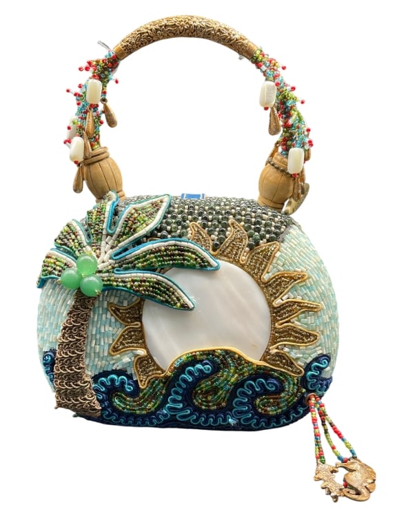 VTG MARY FRANCES BEADED PALM TREE SUN HANDBAG: For ALTERNATE shipping quote or LOCAL PICK-UP DETAILS, please visit dejavuauctionshipping.com MARY FRANCES BEADED PALM TREE SUN MINI HANDBAG Whimsical Mary Frances designer beaded mini handbag featuri