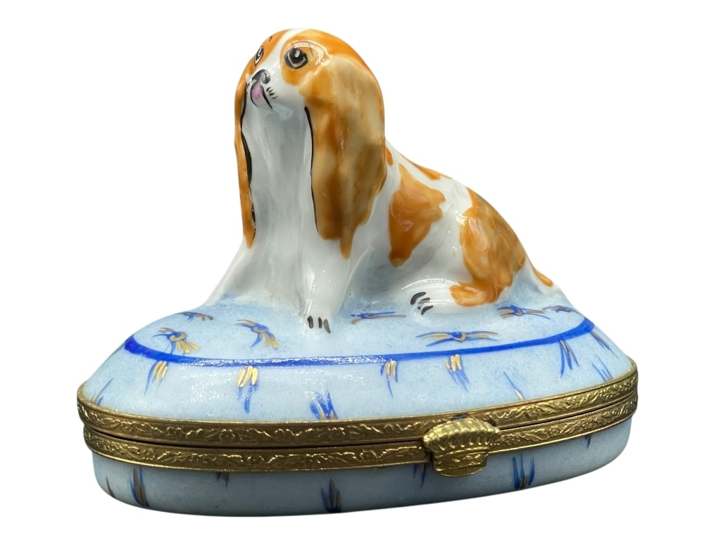 LIMOGES CAVALIER KING CHARLES TRINKET BOX 2": *for alternative shipping options please go to www.dejavuauctionshipping.com -LIMOGES FRANCE “ARTORIA” HAND-PAINTED CAVALIER KING CHARLES TRINKET BOX -Exquisite Limoges France porcelain trinke