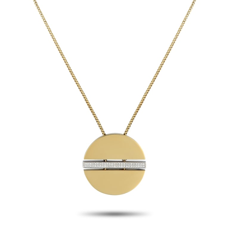 MOVADO 18K YELLOW GOLD 0.25CT DIAMOND NECKLACE MV0: *SPECIAL SHIPPING on Luxury Jewelry READ BELOW* Movado's iconic dot takes on a new form in this simple yet captivating necklace. This minimalist piece, crafted in 18K yellow gold, features a disc pend