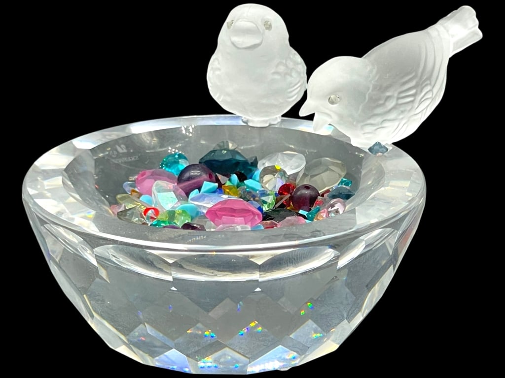 SWAROVSKI SILVER CRYSTAL BIRD BATH W 2 BIRDS 3" (1 of 8)