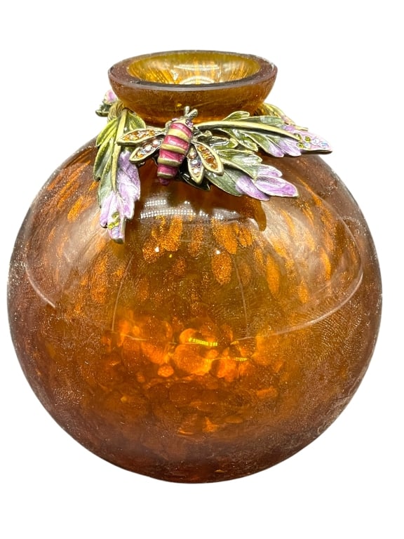 J. STRONGWATER AMBER ART GLASS VASE W ENAMEL BEE (1 of 7)