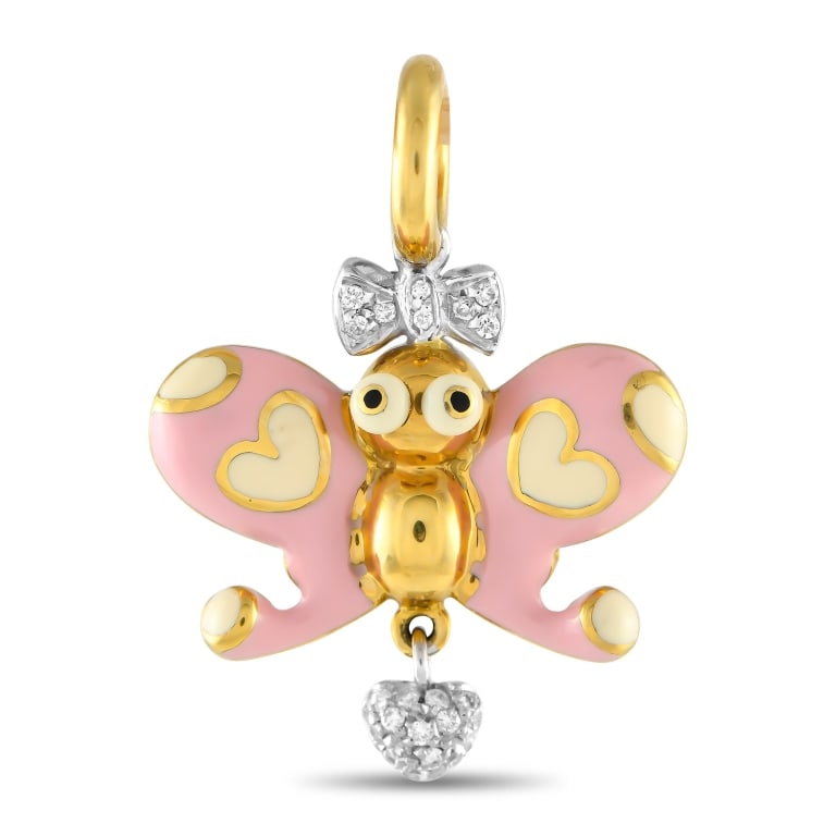 AARON BASHA 18K GOLD DIAMOND ENAMEL BUTTERFLY PIN: *SPECIAL SHIPPING on Luxury Jewelry READ BELOW* This Aaron Basha butterfly charm is full of adorable details. Heart motifs on the white and pink enamel wings make it instantly captivating, while inset