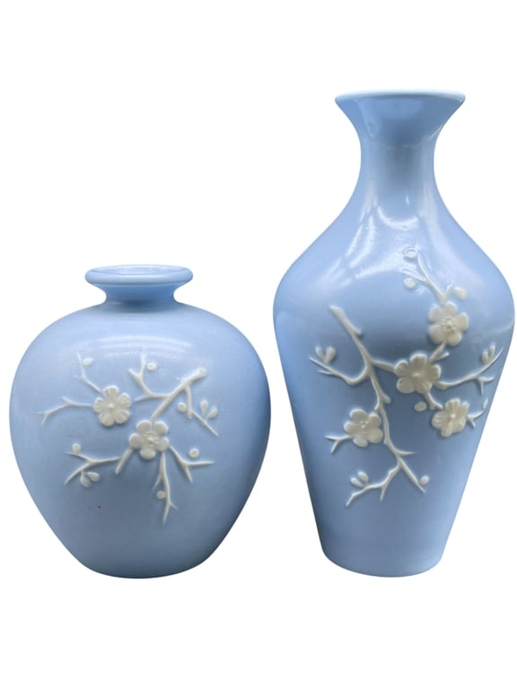 COPELAND SPODE BLUE JASPERWARE FLORAL VASES – PAIR (1 of 4)