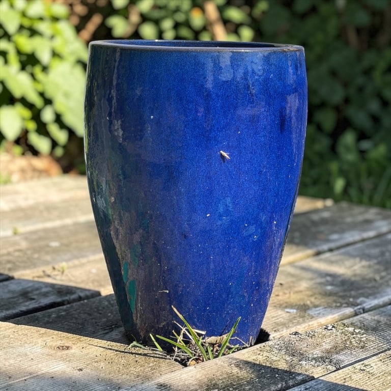 COBALT BLUE GLAZED CERAMIC GARDEN PLANTER POT 20": *for alternative shipping options please go to www.dejavuauctionshipping.com-COBALT BLUE GLAZED CERAMIC GARDEN PLANTER POT-Striking cobalt blue glazed ceramic planter featuring a classic tapered form