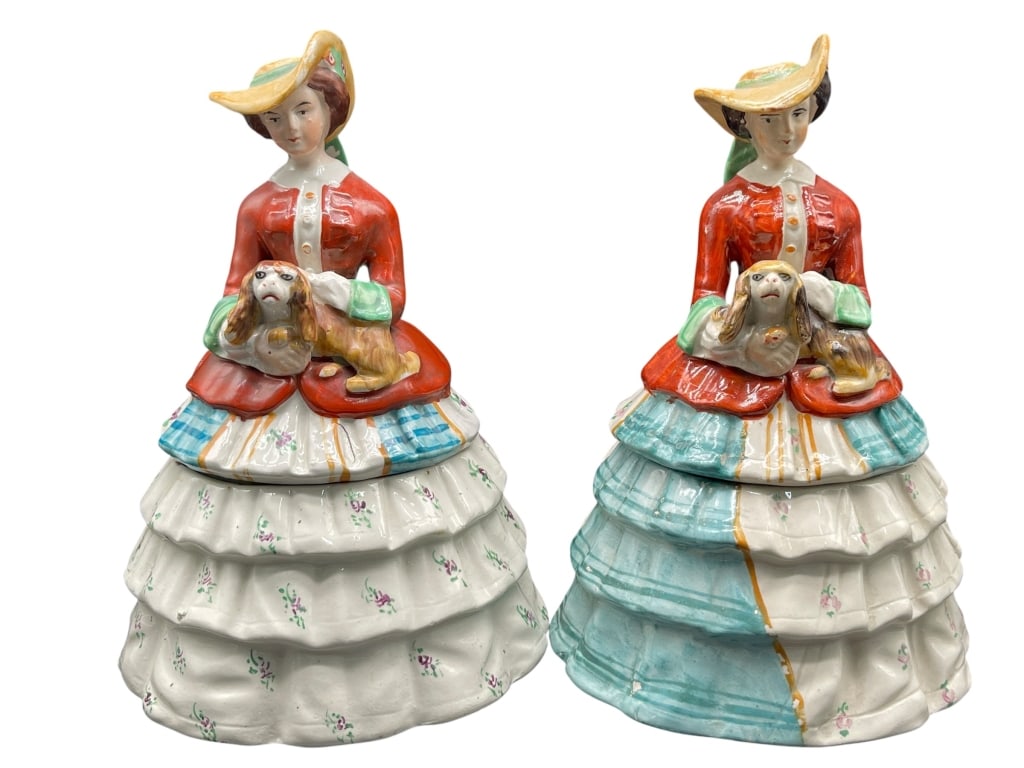 PAIR OF VINTAGE LADY & SPANIEL CERAMIC BOXES: For ALTERNATE shipping quote or LOCAL PICK-UP DETAILS, please visit dejavuauctionshipping.com PAIR OF VINTAGE LADY & SPANIEL CERAMIC PLANTERS Charming pair of vintage ceramic figural planters depictin