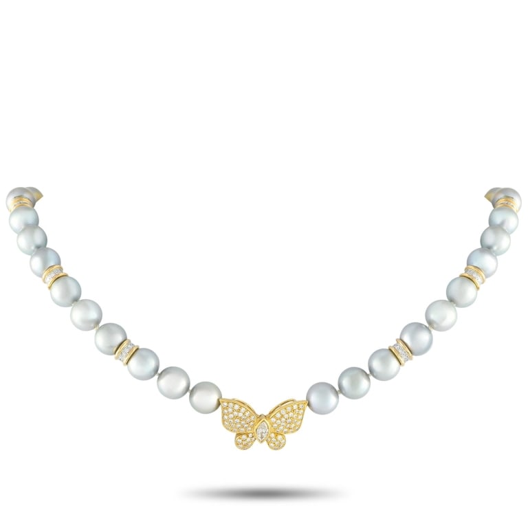 18K 1.47CT DIAMOND PEARL BUTTERFLY BROOCH NECKLACE: *SPECIAL SHIPPING on Luxury Jewelry READ BELOW* This exquisite necklace offers two accessories in one. At the center of the 16 strand of silver-blue Pearls lies a lustrous butterfly clasp that can be