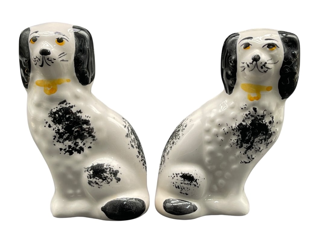 PAIR OF VINTAGE HAND-PAINTED CERAMIC DOG FIGURINES: For ALTERNATE shipping quote or LOCAL PICK-UP DETAILS, please visit dejavuauctionshipping.com VINTAGE BLACK & WHITE SPECKLED DOG FIGURES WITH YELLOW COLLARS Charming pair of vintage ceramic dog figuri
