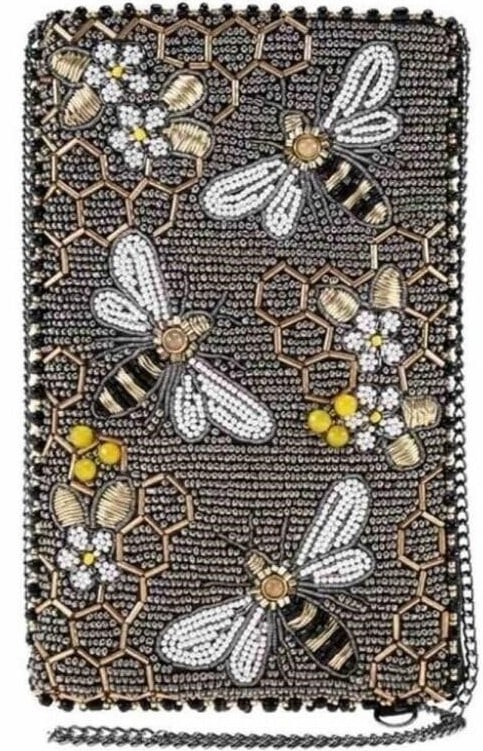 NEW MARY FRANCES BEE AWESOME CROSSBODY: Bee Awesome Beaded Bumble Bees Crossbody Phone Bag She'll be buzzing around town in this honeyed crossbody phone handbag that also holds cash, glasses, lipstick and more. Sweet, right? Color: Pewter a
