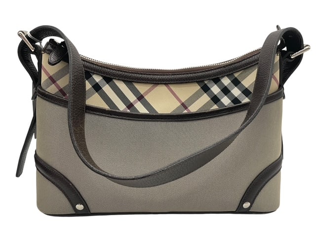 BURBERRY NOVA CHECK PEEK GRAY SATCHEL PURSE BAG: *For ALTERNATIVE SHIPPING QUOTES or local PICKUP details, please visit www.dejavuauctionshipping.com* 11" X 8" X 4" IN SIZE, Excellent condition! This is a Burberry Nova Check Canvas & Brown Leather S