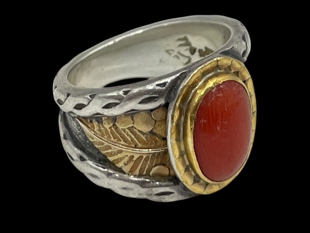 14K & STERLING SILVER SOUTHWEST CORAL RING 7 10g (1 of 9)