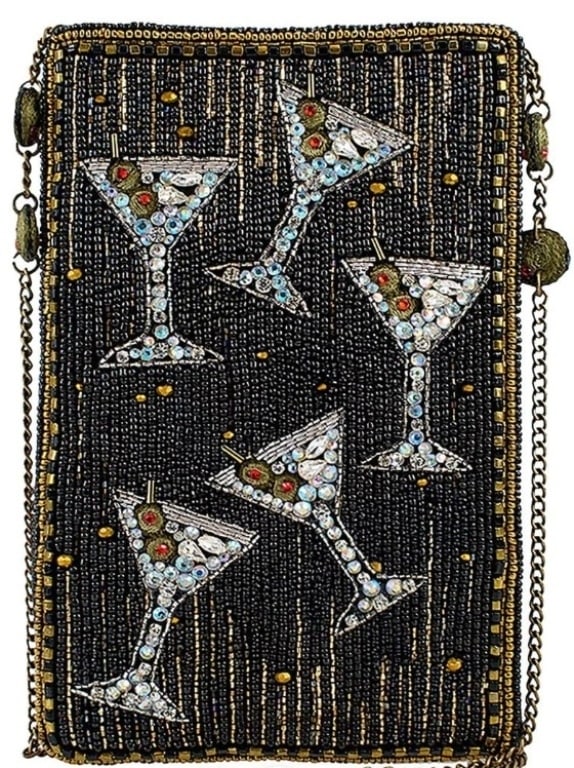 NEW! MARY FRANCES SIP HAPPENS CROSSBODY HANDBAG: *For ALTERNATIVE SHIPPING QUOTES or local PICKUP details, please visit www.dejavuauctionshipping.com* Cheers to style with this playful handbag, sparkling with beaded martini glasses and golden accent