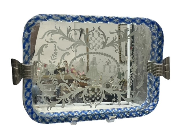 MID CENTURY BOUDOIR BLUE ART GLASS MIRROR TRAY: *For ALTERNATIVE SHIPPING QUOTES or local PICKUP details, please visit www.dejavuauctionshipping.com* This is a charming vintage mid-20th century mirrored serving tray, likely dating to the 1940s–19