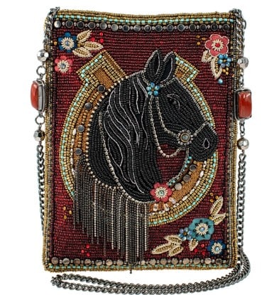 NEW MARY FRANCES LET'S GALLOP CROSSBODY HANDBAG: Saddle up! Horse Diva is on the move with this striking fully hand-beaded mini crossbody handbag. Highlighting Mary Frances's signature beading, graceful embroidery, and distinctive design, this conve