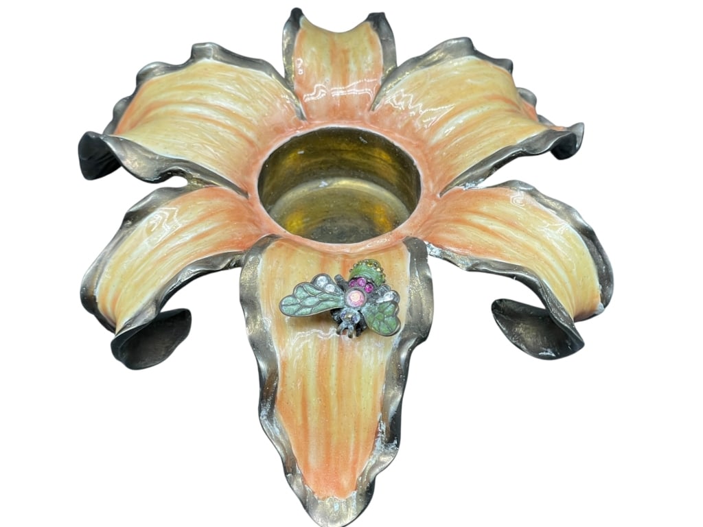 JAY STRONGWATER ENAMEL LILY CANDLE VOTIVE W BEE 6": *for alternative shipping options please go to www.dejavuauctionshipping.com -VINTAGE JAY STRONGWATER ENAMEL LILY CANDLE VOTIVE WITH JEWELED BEE -Striking and highly decorative Jay Strongwater enamel