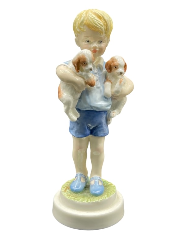 ROYAL “MONDAY’S CHILD IS FAIR OF FACE?? FIGURINE 8: For ALTERNATE shipping quote or LOCAL PICK-UP DETAILS, please visit dejavuauctionshipping.com ROYAL WORCESTER PORCELAIN BOY HOLDING TWO PUPPIES FIGURE 3519 Charming Royal Worcester fine bone china fig
