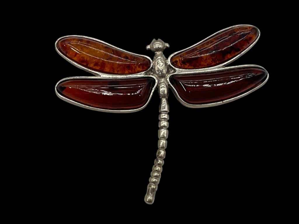 AMBER WING DRAGONFLY BROOCH PIN STERLING SILVER 9g (1 of 7)