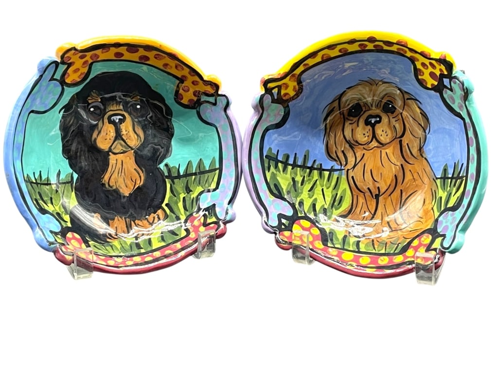 SUSAN PAINTER HAND-PAINTED POTTERY DOG BOWLS 7": *for alternative shipping options please go to www.dejavuauctionshipping.com -SUSAN PAINTER HAND-PAINTED POTTERY DOG BOWLS – 7 INCH PAIR -Charming pair of Susan Painter hand-painted ceramic dog bowl