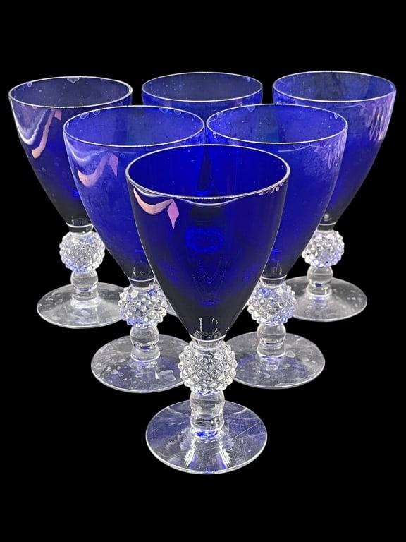 SET OF 6 COBALT BLUE GOBLETS CUT BALL STEM 8" (1 of 4)