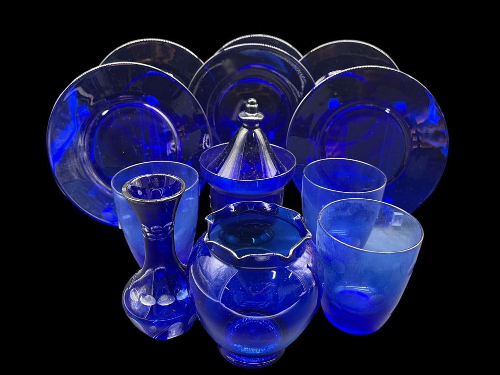 VINTAGE COBALT BLUE ART GLASS SERVING SET (1 of 17)