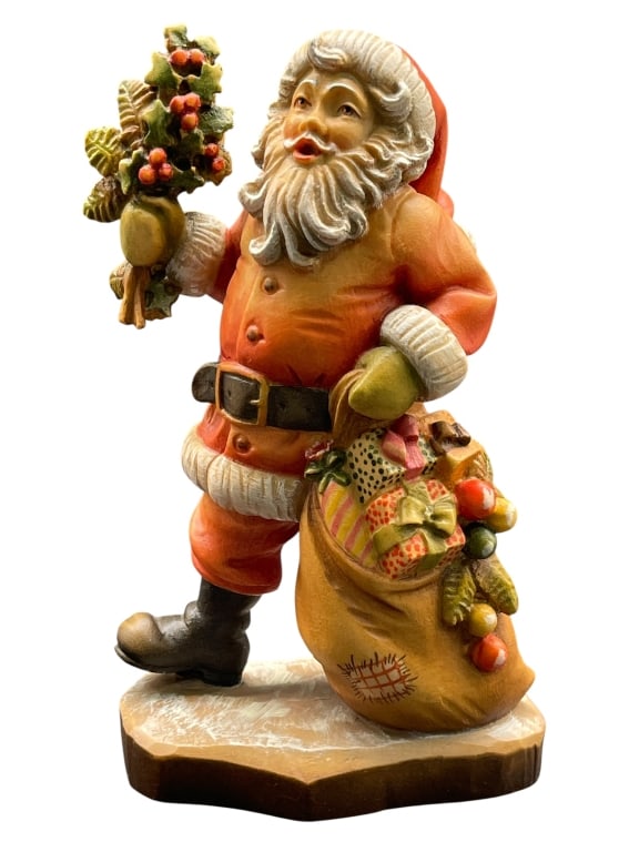 ANRI WOOD CARVED SANTA W HOLLY & GIFTS 7" (1 of 6)