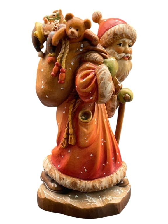 ANRI WOOD CARVED SANTA W SACK & TEDDY 7" (1 of 6)