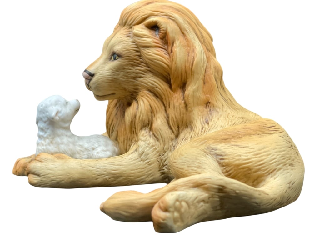 ENESCO PEACE ON EARTH LION WITH LAMB FIGURINE: *for alternative shipping options please go to www.dejavuauctionshipping.com-PEACE ON EARTH LION WITH LAMB FIGURINE – ENESCO 1987 – BETTY CHAISSON-Charming sculptural figure depicting a majestic